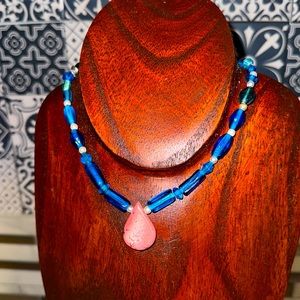 Real Pink turquoise toggle clasp necklace with Murano blown glass beads & pearl